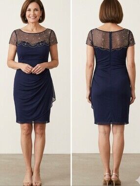 DJ JAZ Navy Blue Beaded Sheath Cocktail Dress Mother of Bride Size 18